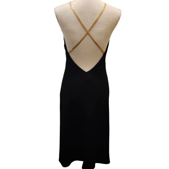 Maggy London Black Slip Dress Open Back with Cross Over Gold Chain/Rhinestone Wo - Picture 1 of 10